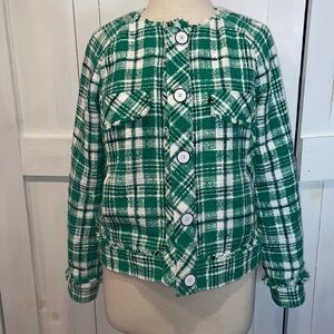 Cabi Green and White Tweed Library Jacket
